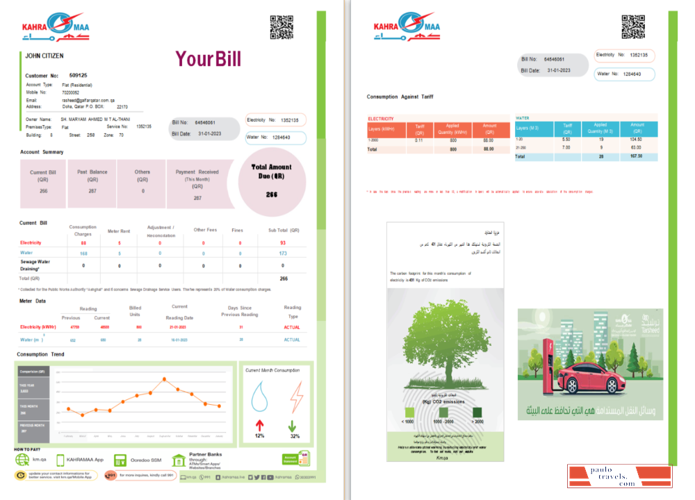 Qatar Kahra Maa utility bill Word and PDF template, 2 pages